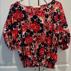 Michael Kors Red, Black & White Floral Puff-Sleeve Blouse